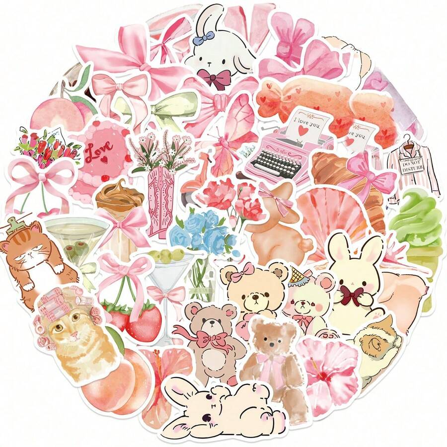 DAFENNI 50 Sheets Of Pink Fun Stickers For Notebooks, Suitcases, Phone Cases, And Thermoses, Non-Repeating Designs - Multicolor - View 1