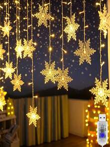 1pc Warm Tone LED Snowflake Curtain Light, 13ft/4m 96 LED Beads, 8 Modes, Indoor Decoration, Suitable For Christmas, Valentine's Day, Birthday Gift, Create Winter Atmosphere - Snowflake Curtain Lights - View 2