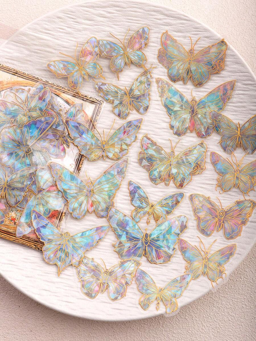 1 Pack 20pcs 3D Gold Foil Laser Butterfly DIY Decorative PET Stickers For Scrapbooking - Multicolor - View 1