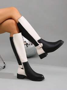 Black & White Colorblock PU Round Toe Low Chunky Heel High Shaft Riding Boots, Metal Square Buckle Strap Decor, Matte PU Leather, Black & White Contrast Patchwork, Rounded Toe, Low Square Chunky Heel, Straight High Shaft, Colorblock Shaft Design, Metal Square Buckle Strap Detail At Ankle, Rear Zipper Closure - Black and White - View 1