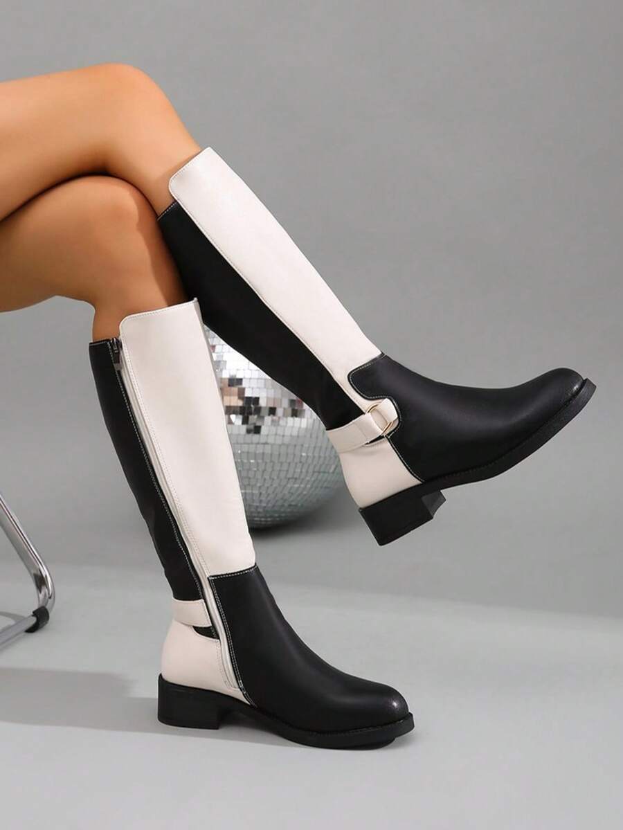 Black & White Colorblock PU Round Toe Low Chunky Heel High Shaft Riding Boots, Metal Square Buckle Strap Decor, Matte PU Leather, Black & White Contrast Patchwork, Rounded Toe, Low Square Chunky Heel, Straight High Shaft, Colorblock Shaft Design, Metal Square Buckle Strap Detail At Ankle, Rear Zipper Closure - Black and White - View 1