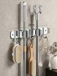 1pc 4-Clip 5-Hook Aluminum Wall-Mounted Bathroom Mop Holder, Broom Rack, Storage Rack, Drill-Free Mop Holder, Suitable For Bathroom And Balcony - Multicolor - View 13