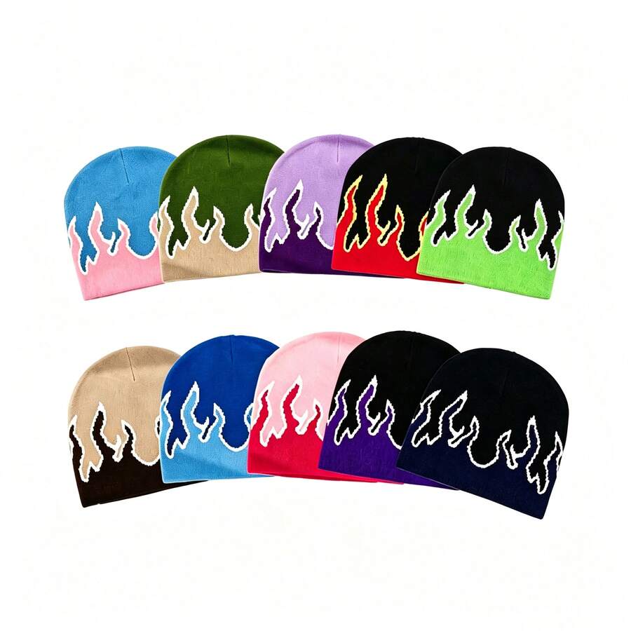 1 Piece Of Men's Personalized Y2K Flame Jacquard Knitted Hat Beanie Suitable For Autumn And Winter Warmth Daily Outing Wear - Multicolor - View 1