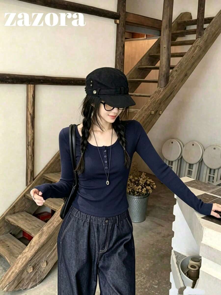 女款極簡純色大圓領長袖T恤,修身內搭彈性基礎層短版上衣,適合初秋 - 藏蓝色 - 查看 1