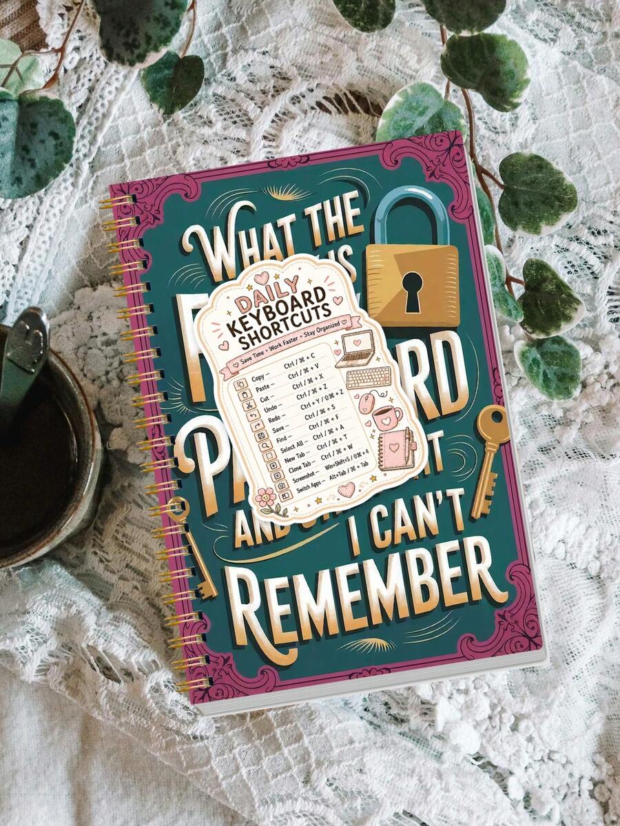 1pc Teal Pink Spiral Password Book 8.15x5.7in With Keyboard Shortcut Sticker, Halloween Notebook Office Decor And Accessories Nurse Essentials Bible Study Materials, For Logins & Password Hints - A - View 1