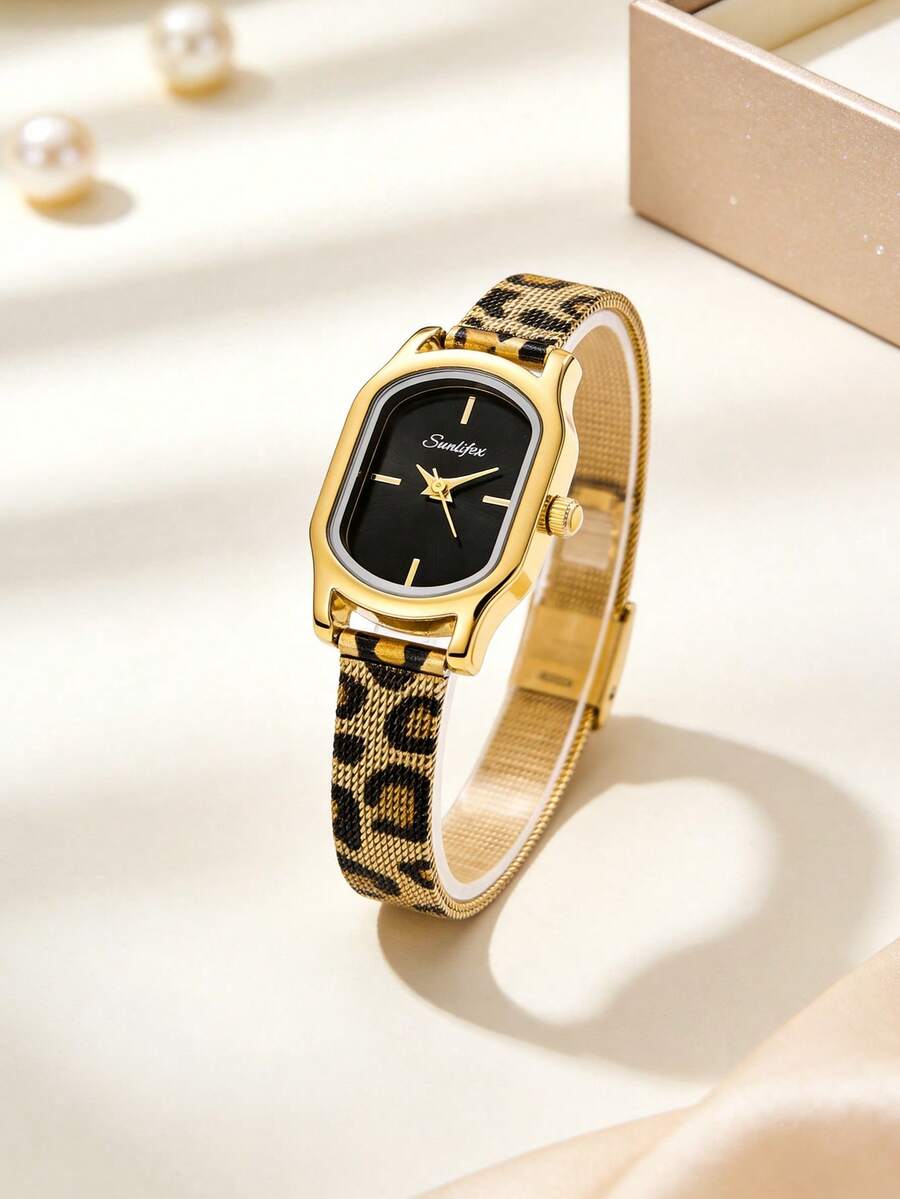 1pc Women's Oval Vintage Quartz Watch, Gold Alloy Case, Niche Black Dial, Leopard Print Metal Mesh Strap, Suitable For Daily Wear And Gifting - Black - View 1