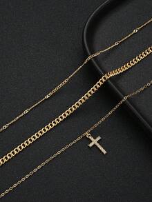 3pcs Fashion Minimalist Rhinestone Cross Pendant Layered Necklace Set For Women, Daily Wear, Vacation, Date, Travel, Perfect Gift Choice - Yellow Gold - View 4