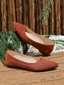 Elegant Low Heel Flat Women's Shoes, Fashion Minimalist Pointed Toe Shallow Design, Suitable For Spring Summer Autumn Outdoor Wear, Suede Material, Solid Color Neutral Smooth Shoes, Outdoor Spring Autumn - Brown - View 6