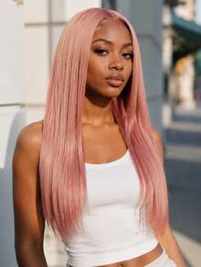 QVR QUEEN VIRGIN REMY QVR Rose 1pc Bundel Rambut Manusia Lurus Emas Panjang Lurus Warna Pink untuk Ekor Kuda 22-26 Inci - S Mawar Merah Muda - View 2