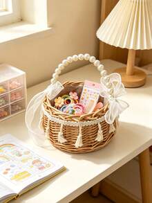 1PC Brown Rattan Basket – Pearl Handle & 2 White Bows, Cute Nursery Storage For Kids Room,Baby Stuff,Room Essentials - Multicolor - View 1