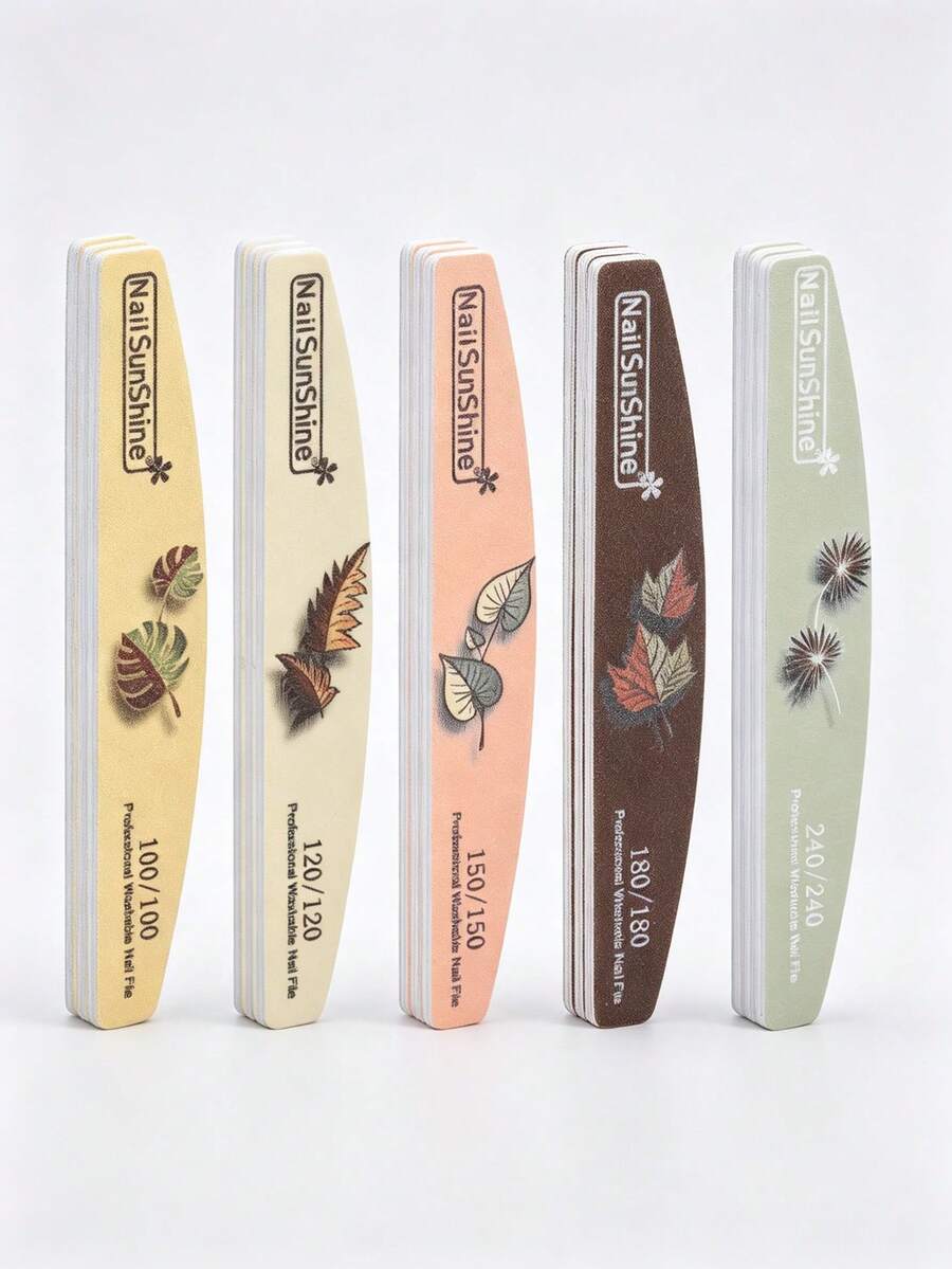 5Pcs Autumn Leaf Print Curved Nail Files Washable Double Sided Mixed Grit Emery Boards Manicure Tools For Natural And Acrylic Nails - Multicolor - View 1