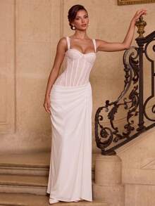 Elegant Strapless Lace Bodycon Long Party Evening Dress - White - View 2