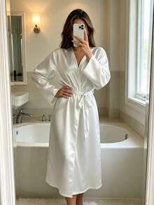 1件女款優雅春夏款柔軟絲滑純色絲綢睡衣，寬鬆長袖晨袍，涼爽居家服，適合居家使用浴袍 - 白色 - 查看 7