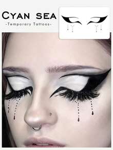1pc Temporary Tattoo Sticker, Cool Black Eye Makeup Teardrop Pattern, Realistic Fake Tattoo Design, For Daily Wear, Bachelorette Party Favors, Music Festival, Game, Graduation Gift, Lasts 3‑5 Days - Black - View 1
