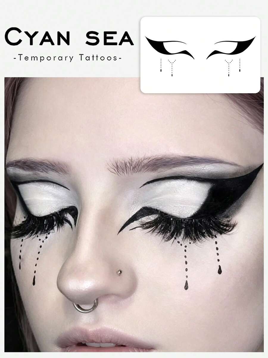 1pc Temporary Tattoo Sticker, Cool Black Eye Makeup Teardrop Pattern, Realistic Fake Tattoo Design, For Daily Wear, Bachelorette Party Favors, Music Festival, Game, Graduation Gift, Lasts 3‑5 Days - Black - View 1