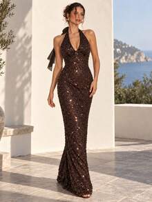 Women's Chocolate Brown Sequin Halter Neck Backless Fitted Maxi Dress, Elegant Shiny Evening Gown, Suitable For Party, Ball, Wedding Guest And Cocktail Occasions - Coffee Brown - View 5