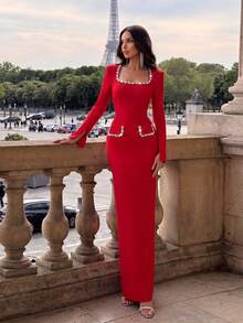 New Fashion Red Crystal Decor Long Sleeve Fitted Dress, Elegant Bandage Party Dress, Suitable For Birthday, Wedding, Graduation, Prom, Homecoming - Red - View 3