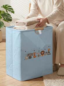 1PC Animal‑Print Open Storage Bin, Collapsible Laundry Basket Storage Bag With Wooden Handles, Household Foldable Hamper For Bathroom, Dirty Clothes Storage Bucket - Multicolor - View 3