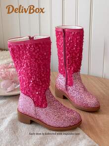 Rose Red Full Sequin Glitter Girls Mid-Calf Boots, Convenient Side Zipper Chunky Heel Princess Boots, Birthday Party Stage Performance Shoes - Rose Red - View 4