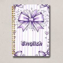 A5 Exquisite Spiral Notebook, Purple Bow Heart Striped Pattern English Theme Hardcover Diary, Gold Wire Binding Cute Aesthetic Notebook, English Learning Notes School Stationery, Journal Writing Gift - Bow - View 4