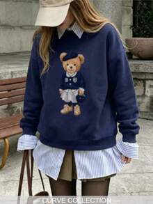 Plus Size Long Sleeve Teddy Bear Sweatshirt, College Style Design, Comfortable Crew Neck Pullover For Daily Wear - Navy Blue - View 5