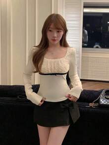 Korean Style Elegant Lace Patchwork Square Neck Bow Long Sleeve T-Shirt Women's Autumn Base Layer Top Halloween Outfit - White - View 3