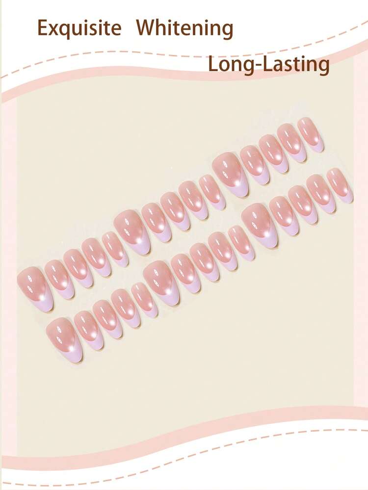 30pcs Almond Shaped Pressed-On Nails, Minimalist White French Cat Eye Full Coverage Fake Nails, Suitable For Women And Girls For Party, Office And Daily Wear, Includes 1 Adhesive Sheet And 1 Mini Nail File, Random Shipment - Multicolor - View 4