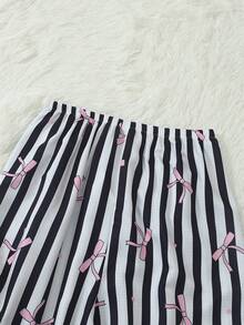 Women's Striped Bow Print Long Sleeve Long Pants Bubble Crinkle Pajama Set - Black - View 9