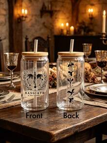 1pc BASGIATH War Academy Glass Cup Set With Bamboo Lid And Straw - Perfect For Cold Drinks, Ideal Gift For Holidays And Birthdays, Suitable For Home, Afternoon Tea, Outdoor Camping And More - Multicolor - View 3