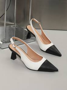French Style Colorblock Slingback Pumps Women Elegant Chunky Heel Pointed Toe Sandals Versatile Office High Heels - White - View 3