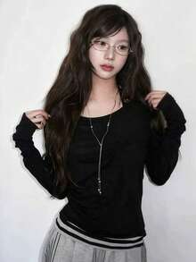 Korean Style Striped Spaghetti Strap 2 Pieces Set, Casual Sheer T-Shirt Cover-Up Long Sleeve Top, Autumn Outfit - Black - View 1