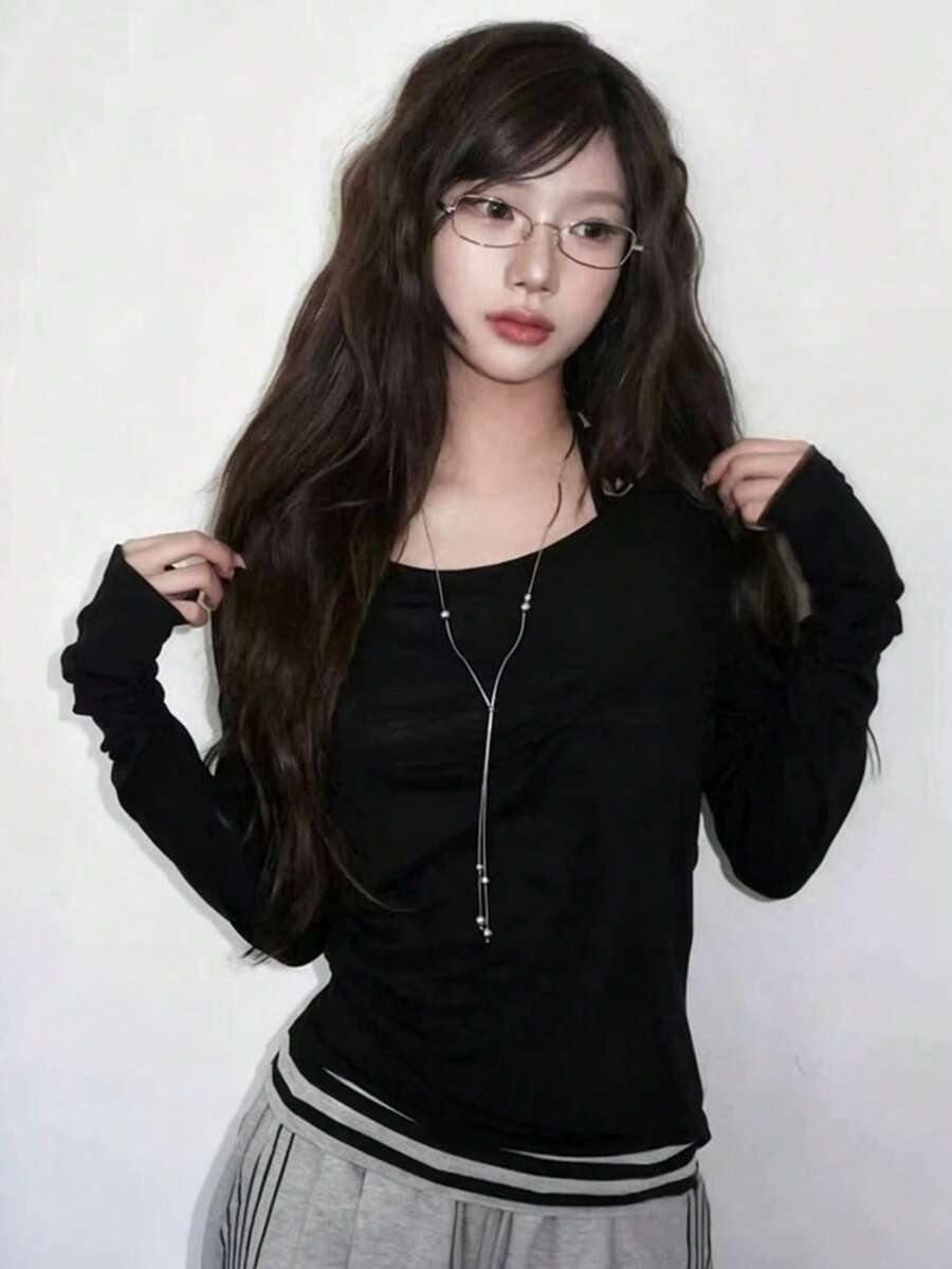 Korean Style Striped Spaghetti Strap 2 Pieces Set, Casual Sheer T-Shirt Cover-Up Long Sleeve Top, Autumn Outfit - Black - View 1