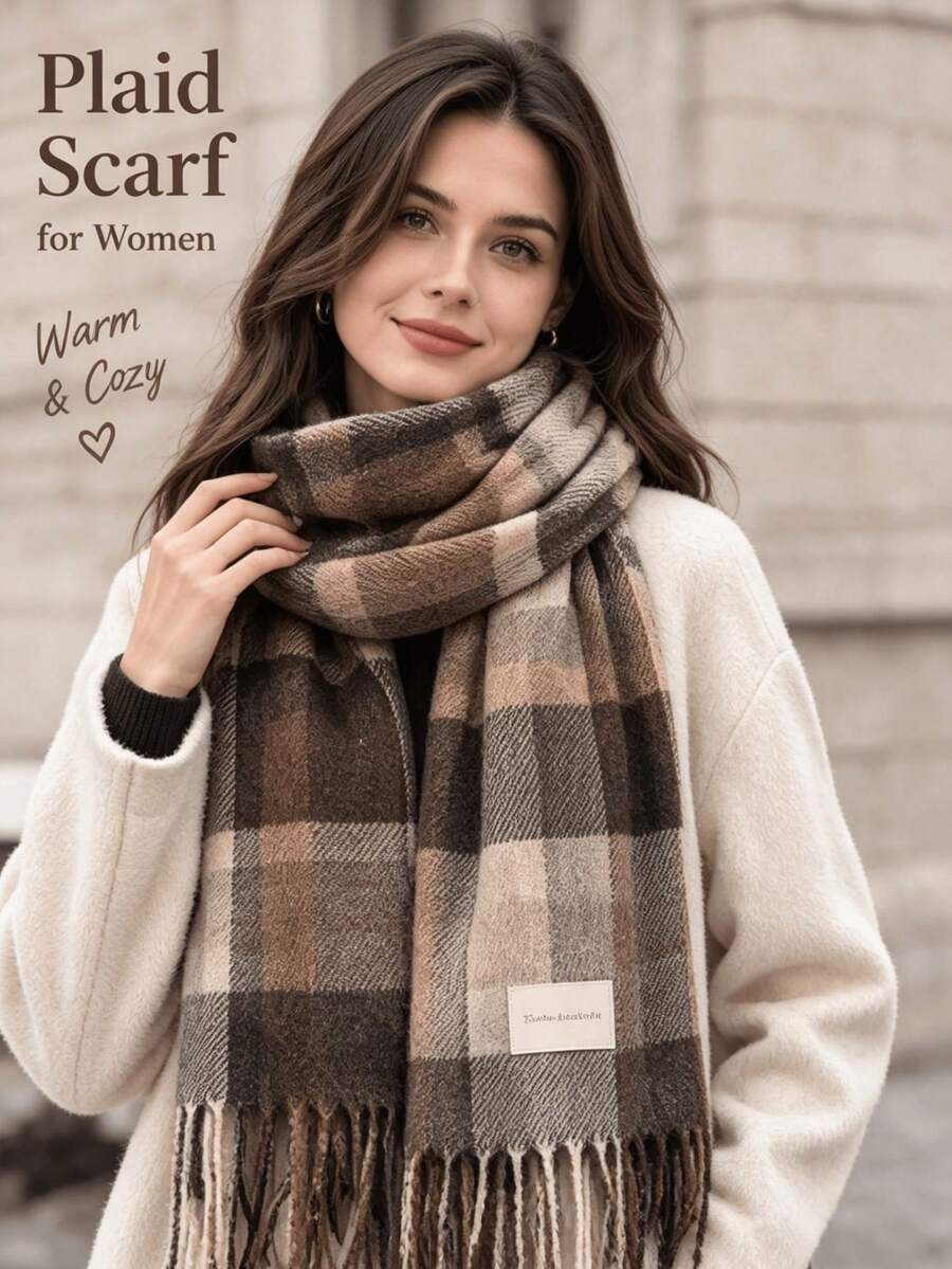 Women's Vintage Plaid Fringe Scarf, Soft Warm Faux Cashmere Shawl Scarf, Classic Plaid Fringe Neck Scarf, Suitable For Autumn/Winter Daily Wear - Khaki Stripes - View 1
