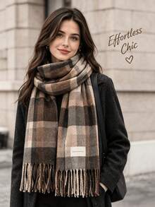 Women's Vintage Plaid Fringe Scarf, Soft Warm Faux Cashmere Shawl Scarf, Classic Plaid Fringe Neck Scarf, Suitable For Autumn/Winter Daily Wear - Khaki Stripes - View 5