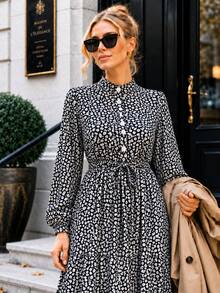 Women's A-Line Floral Maxi Dress With Long Sleeves - Navy Blue - View 6