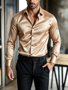 WAIT HIM Men's Satin Long Sleeve Shirt For Ball, Wedding - Gold - View 10