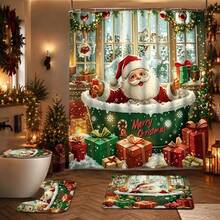 1/4pcs Merry Christmas Winter Shower Curtain Set, Cute Santa Claus, Snowman, Christmas Tree, Snowy Landscape, Snowflake Pattern, Happy New Year Holiday Bathroom Curtain Set, Polyester Fabric, With Hooks, 70.8*70.8 Inches - A - View 17