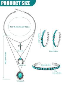Yanxyad Boho Turquoise Jewelry Set, Multi‑Layer Cross Horseshoe Pendant Necklace, Hoop Earrings & Open Cuff Bangle, Vintage Accessories For Women - Blue - View 4