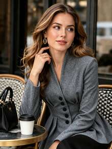 Blazer Wanita Elegan dengan Leher V dan Hem Berkerut | Jaket Kantor Slim Fit dengan Pinggang Berkerut - Pakaian Bisnis Musim Gugur/Dingin - Grey - View 6