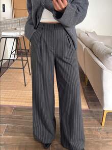 Women's Striped Pleated Wide Leg Loose Casual Commuter Long Pants - Grey - View 3