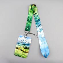 1 Piece Mountain Watercolor Lanyard With ID Card Holder, Green Nature Scenery Badge Reel For Office Student Work Gift - Multicolor - View 6