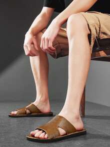 Men's Hollow Out Strap Slides, Vintage Sturdy Stitching Lightweight Flat Bottom, Casual Sandals For Shopping Beach Travel Daily Wear - Brown - View 5