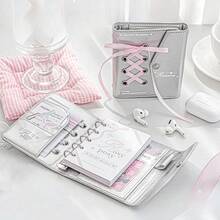 Rosyposy 1pc Cute Coquette Balletcore Mini M5 3-Ring Binder Journal With Heart Photo Window & Ribbon Lace-Up, PU Leather Photocard Holder Notebook - Multicolor - View 10