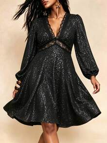 Women's Plus Size Black Silver Glitter Party Dress - Black - View 2