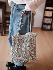 Túi tote đeo vai bằng canvas trang trí sequin thiết kế độc đáo cao cấp, túi xách nữ đi làm dung tích lớn, mẫu mới mùa thu 2026 - Bạc - Xem 4