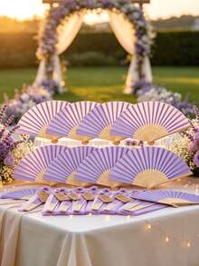 1pc/10pcs Light Purple Handheld Folding Fan Set, Includes Greeting Card, Cloth Bag; Blank Fan Surface, Suitable For DIY Painting. Portable Fan Set Is An Ideal Wedding Gift And Decoration. - one-size - View 1