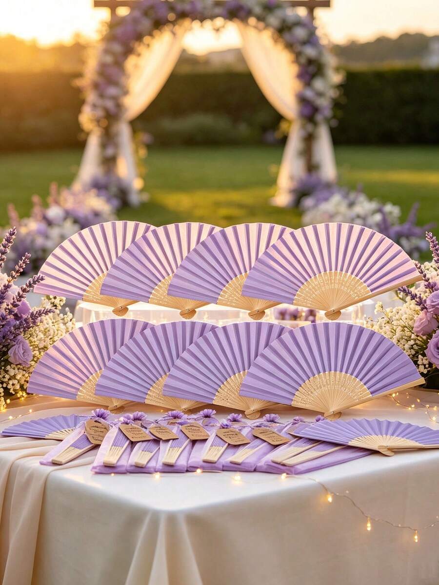1pc/10pcs Light Purple Handheld Folding Fan Set, Includes Greeting Card, Cloth Bag; Blank Fan Surface, Suitable For DIY Painting. Portable Fan Set Is An Ideal Wedding Gift And Decoration. - one-size - View 1