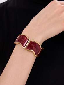 1pc Women's Vintage Spring Open Bangle, Burgundy Enamel Wavy Wide Open Design Bracelet, Suitable For Party And Daily Wear Accessory Gift - Wavy - View 3