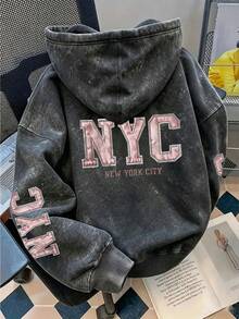 Women's Vintage-Style Raw-Edge Hoodie Featuring "NYC" Lettering And American Collegiate Aesthetics, With Prints On The Back And Sleeves. - Black - View 1