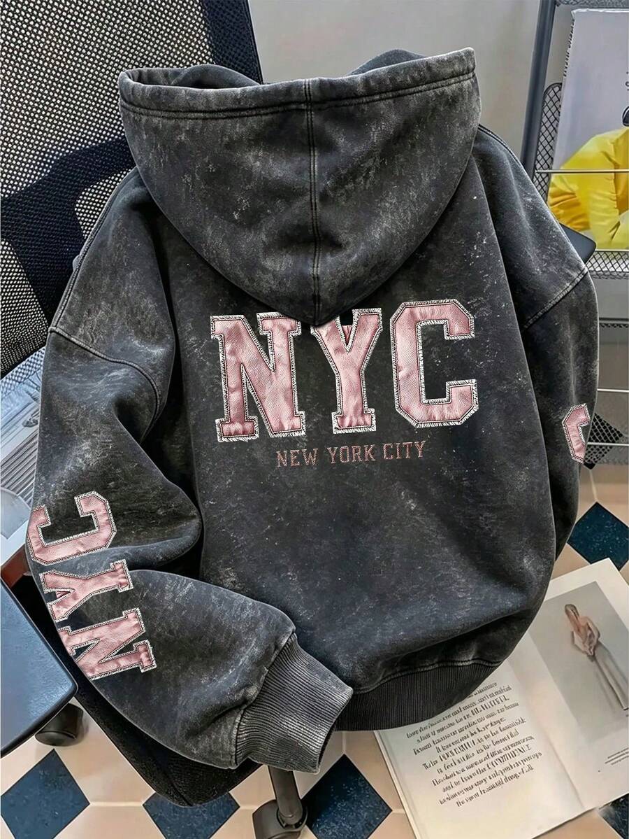 Women's Vintage-Style Raw-Edge Hoodie Featuring "NYC" Lettering And American Collegiate Aesthetics, With Prints On The Back And Sleeves. - Black - View 1